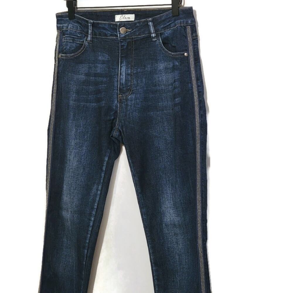 Elan High Rise Beaded Seam Dark Wash Stretch Skinny Blue Denim Jean Size L - Picture 10 of 11